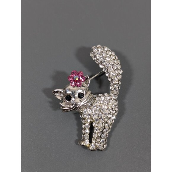 Rhinestone Crystal Pave Scared Cat Kitten Pink Flower Brooch Pin Silver Tone - Picture 6 of 7